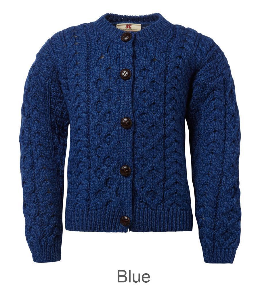 Carraig Donn Kids Aran Lumber Sweater, 1-10 år, Super blød Merino, Style A760-085 Blue.