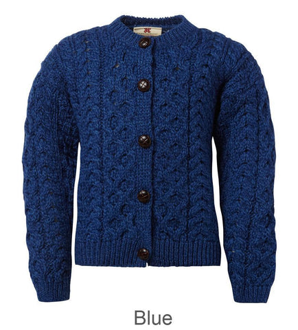 Carraig Donn Kids Aran Lumber Sweater, 1-10 år, Super blød Merino, Style A760-085 Blue.