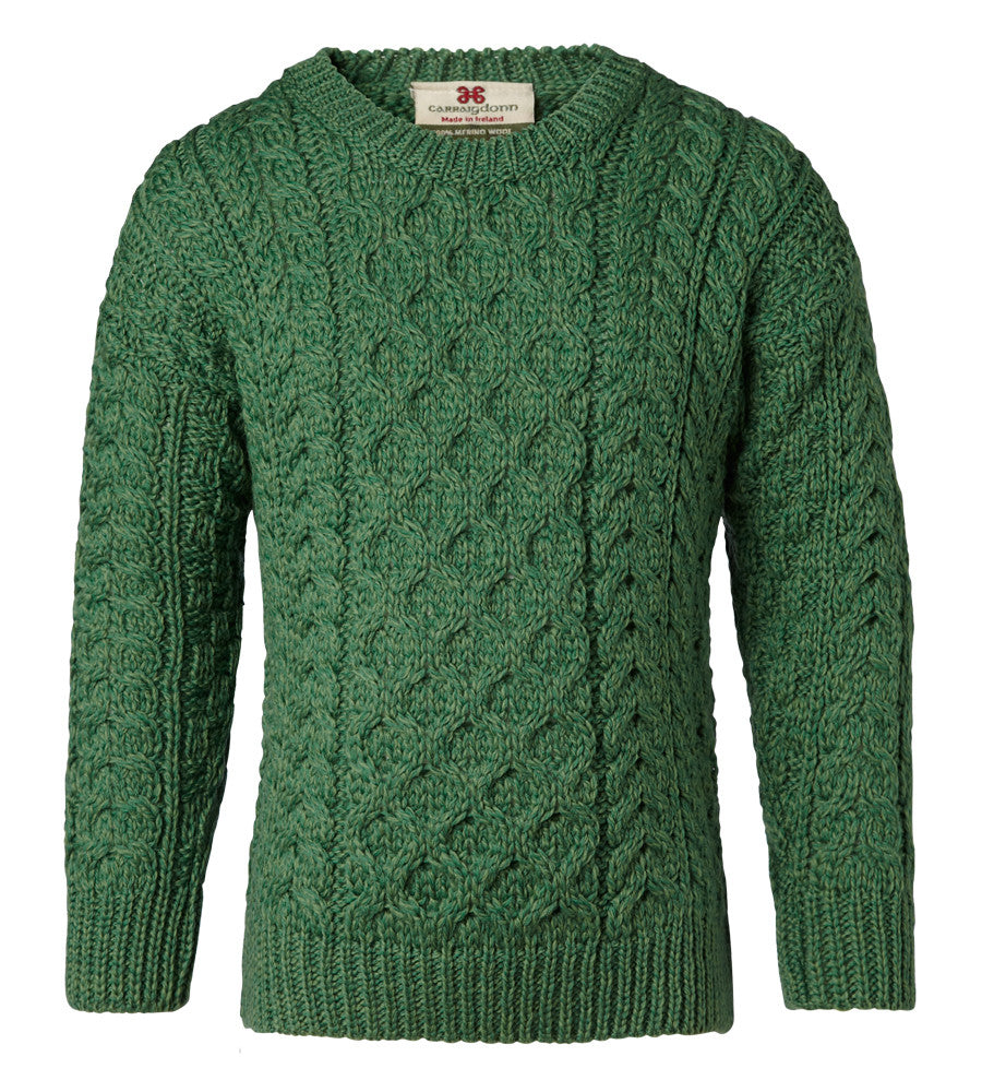 Carraig Donn Kids Aran Sweater, 3-8 år, Super blød Merino, Style A761-257 Kiwi. Listepris 499,- Nu 349,-
