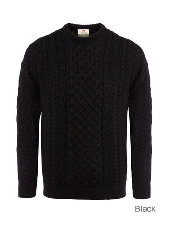 Carraig Donn Black "AranTraditional" Design Sweater, Dame/Herre, Merino
