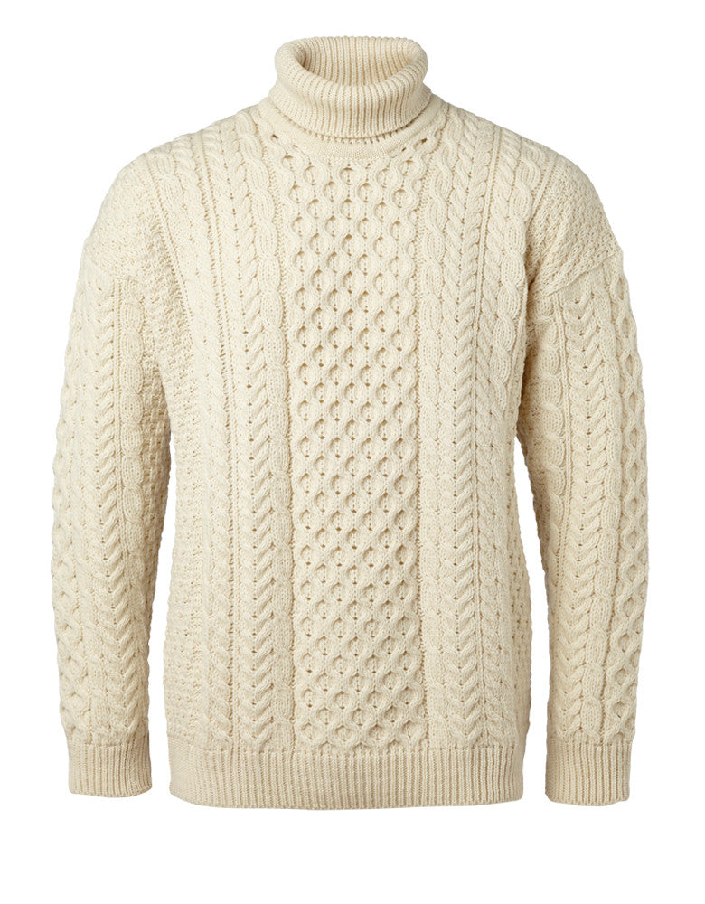 Carraig Donn Hvid "Aran Traditional Polo" Design Sweater, Dame/Herre Merino