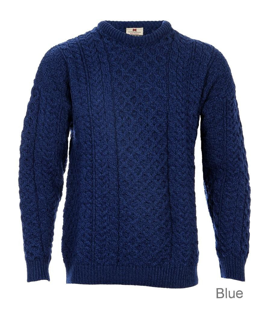 Carraig Donn Blue "Aran Traditional" Design Sweater, Dame/Herre Merino